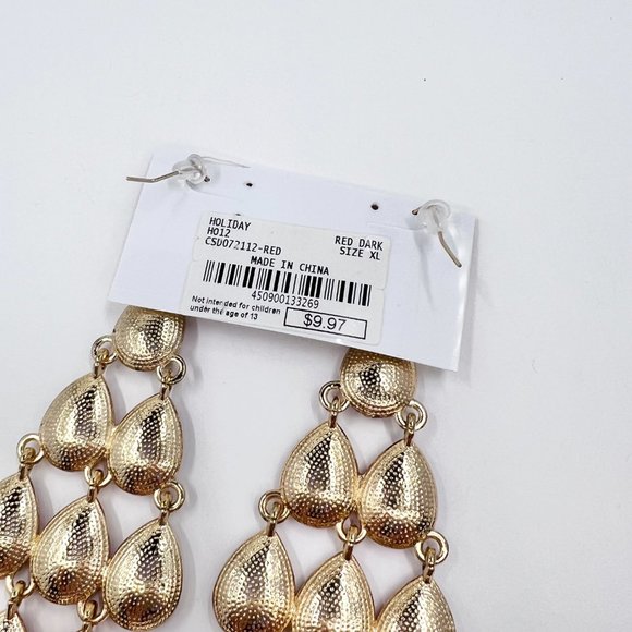 NWT-Charming Charlie - Large Red Faceted Teardrop Chandelier Gold Tone Earrings - Picture 7 of 8